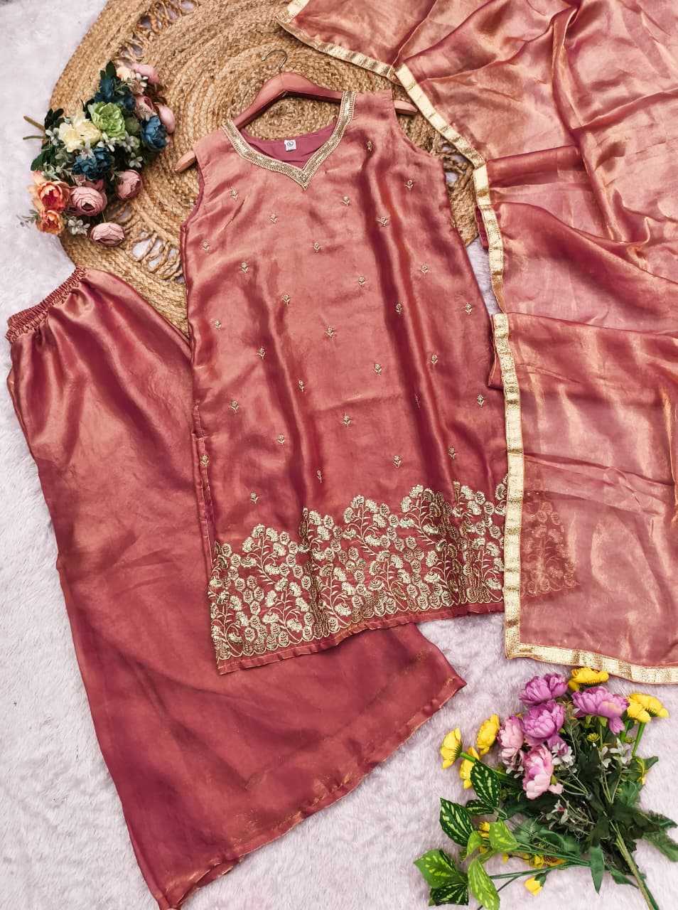 Satin Silk Embroidery Suit in Brown
