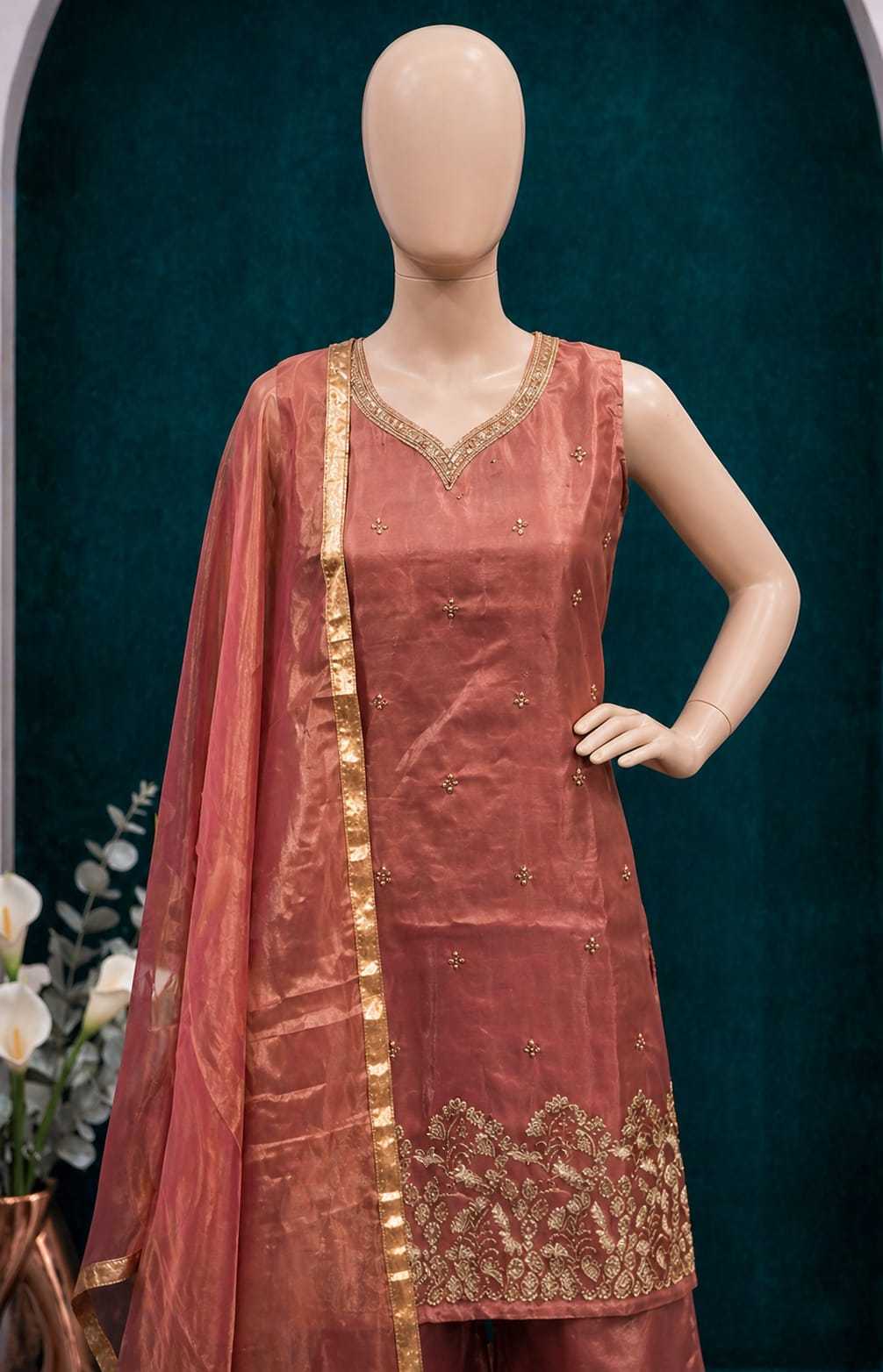 Satin Silk Embroidery Suit in Brown