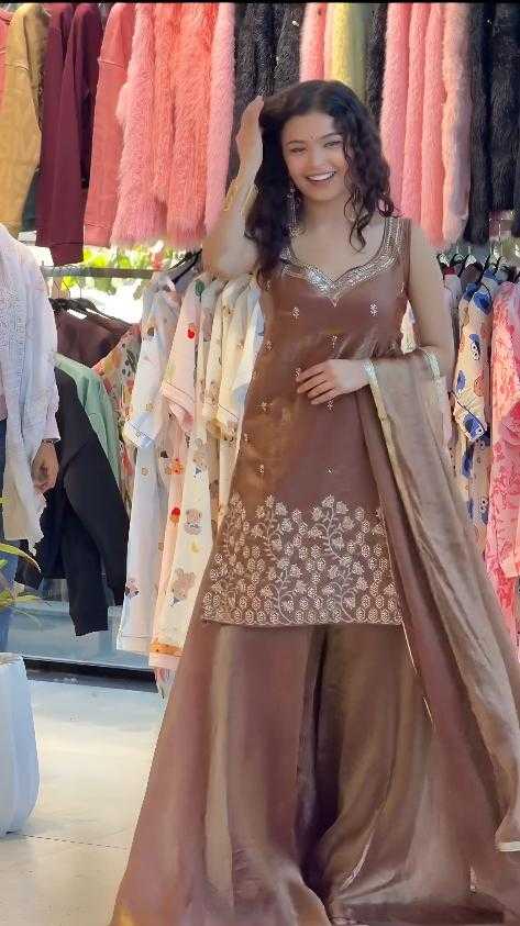 Satin Silk Embroidery Suit in Brown