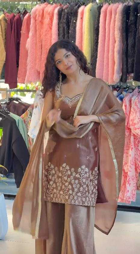 Satin Silk Embroidery Suit in Brown