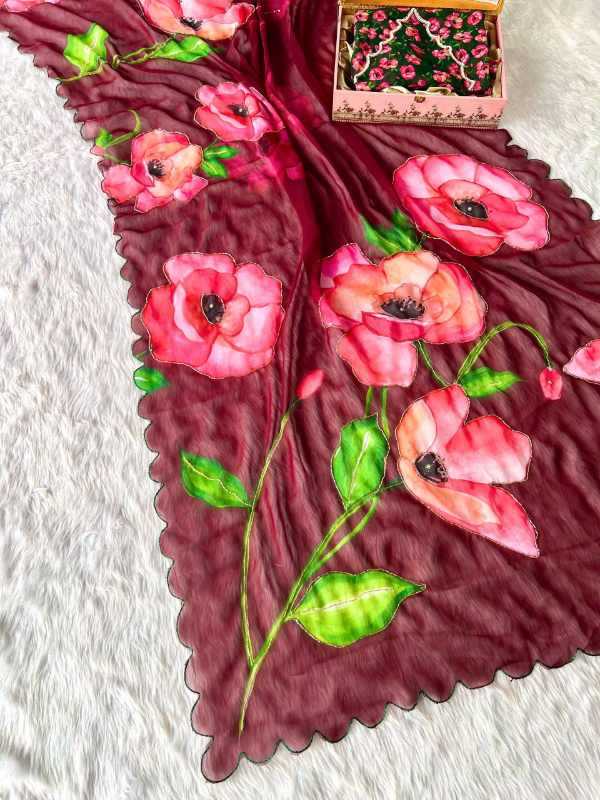 Georgette Printed Saree in Dark Maroon