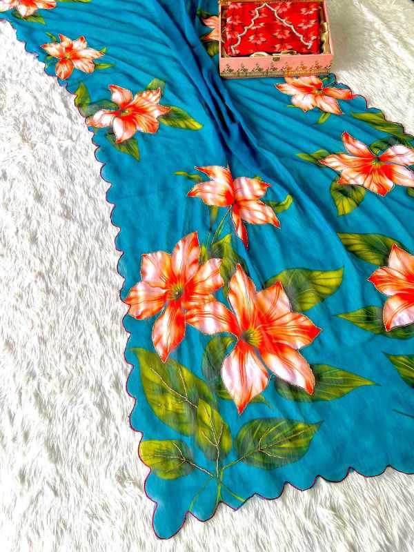 Georgette Printed Saree in Dark Maroon