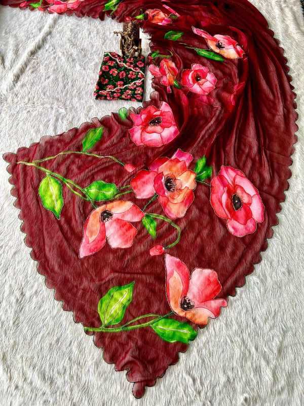 Georgette Printed Saree in Dark Maroon