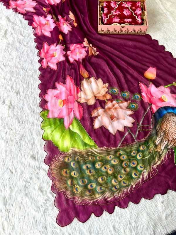 Georgette Printed Saree in Dark Maroon