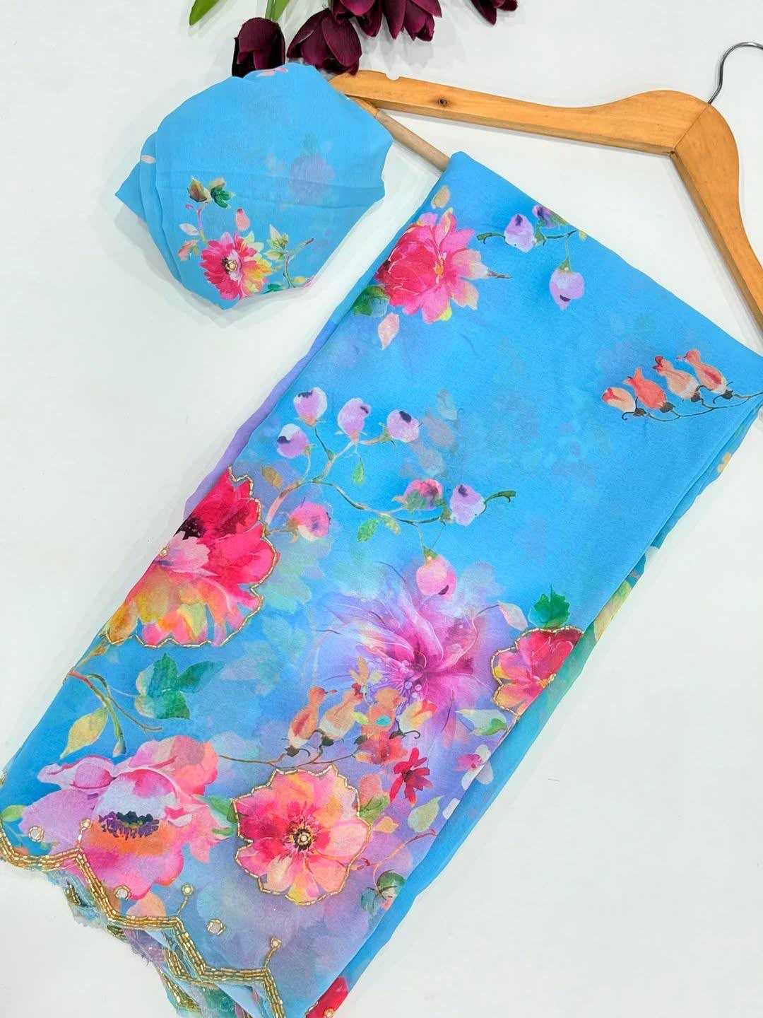 Georgette Printed Saree in Sky Blue