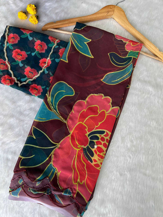 Georgette Fancy Saree in Rama