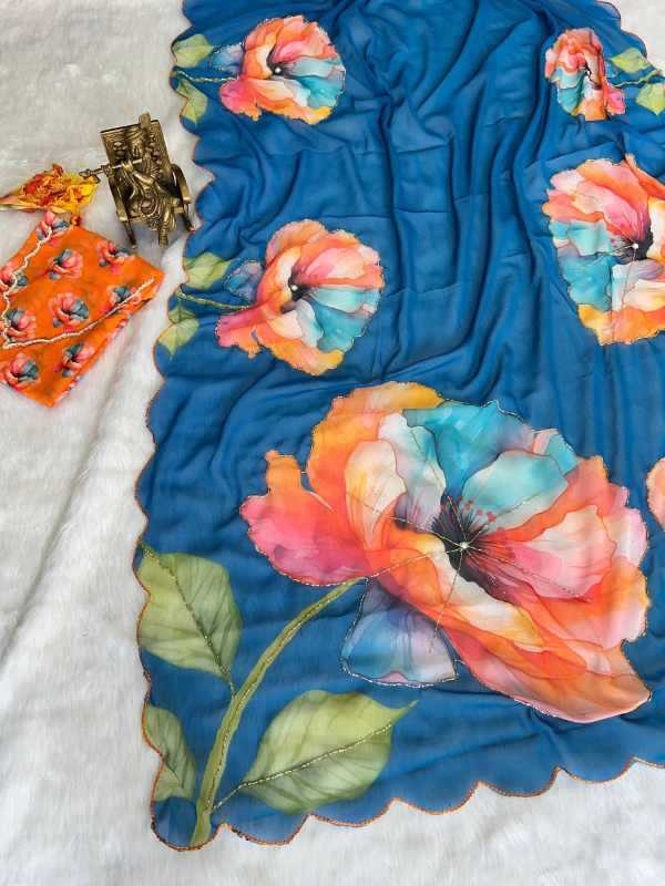 Georgette Printed Saree in Deep Blue