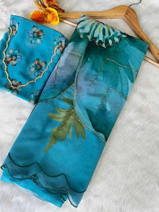 Georgette Printed Saree in Deep Blue