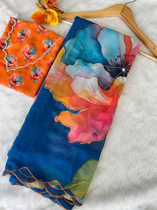 Georgette Printed Saree in Deep Blue