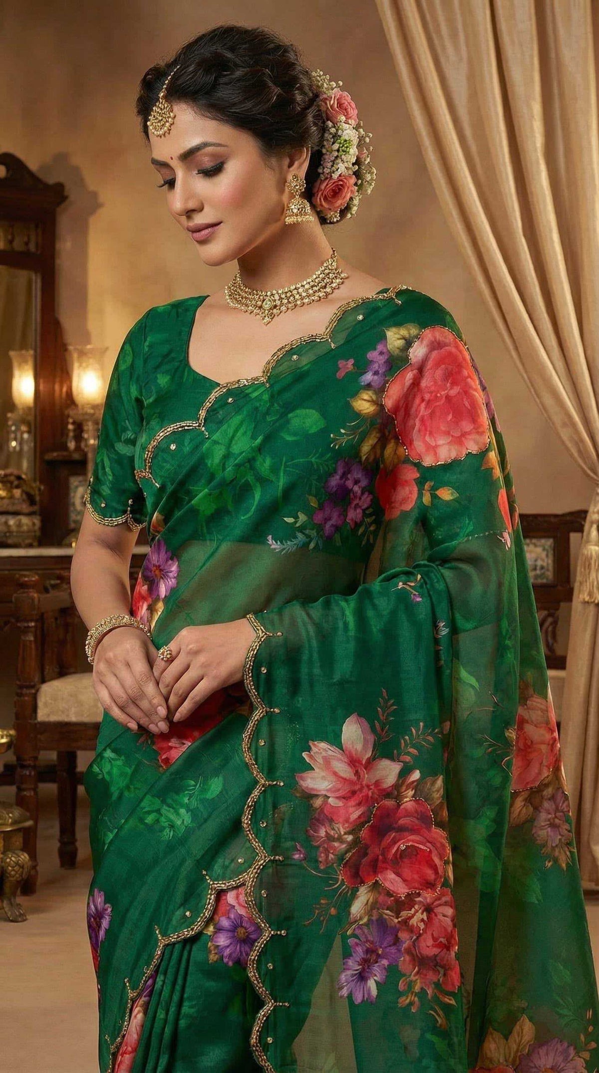 Georgette Printed Saree in Burnt Maroon