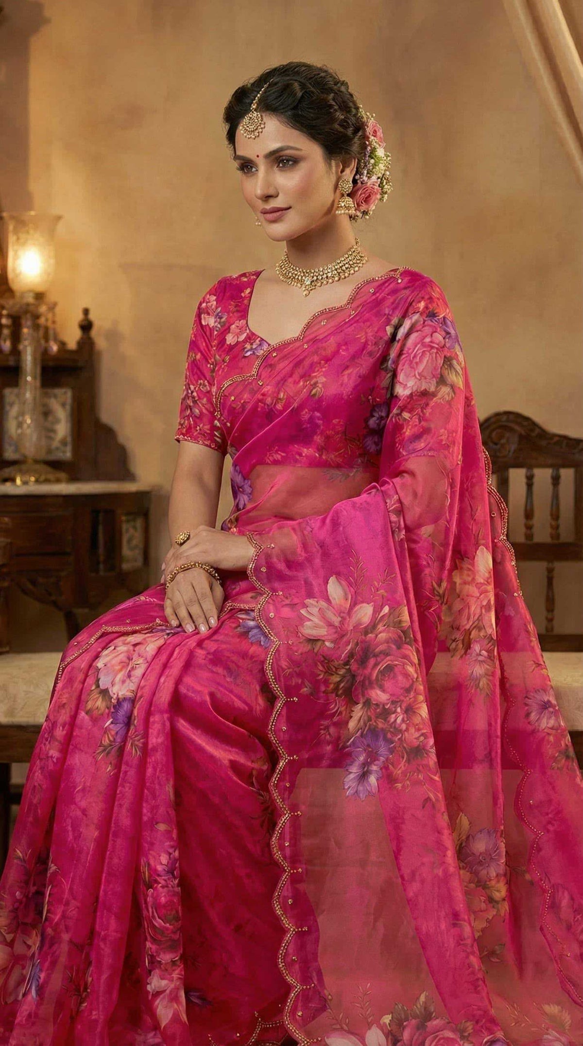 Georgette Printed Saree in Burnt Maroon