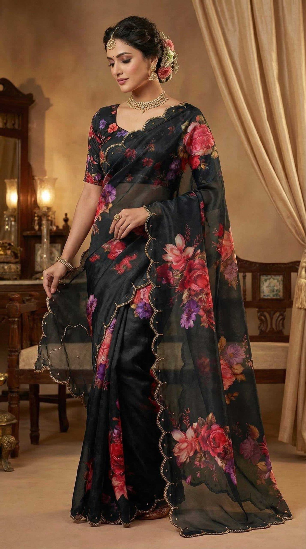 Georgette Printed Saree in Burnt Maroon