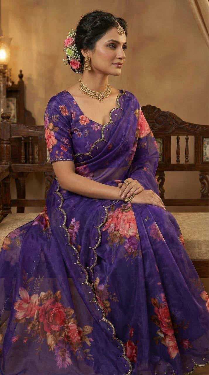 Georgette Printed Saree in Burnt Maroon