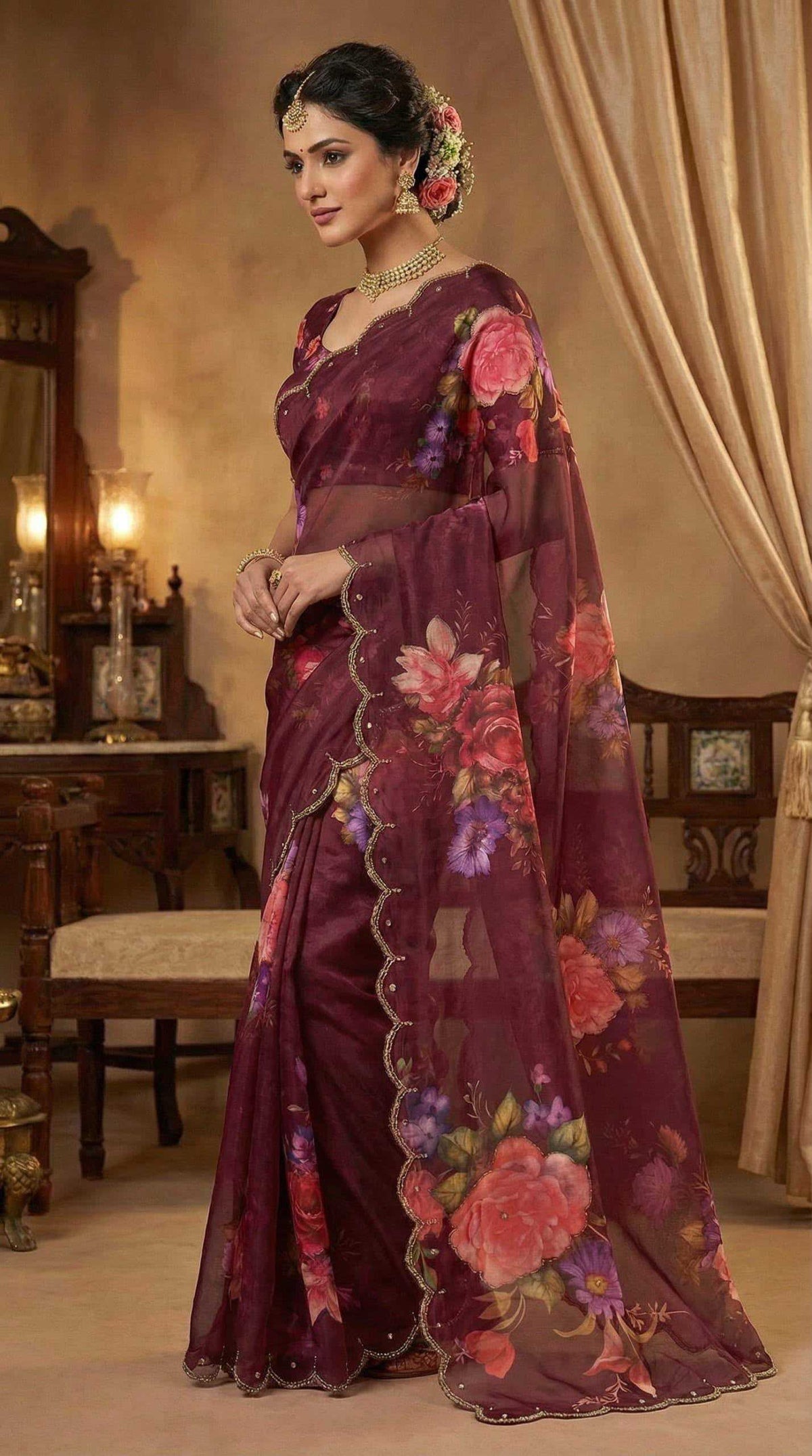 Georgette Printed Saree in Burnt Maroon