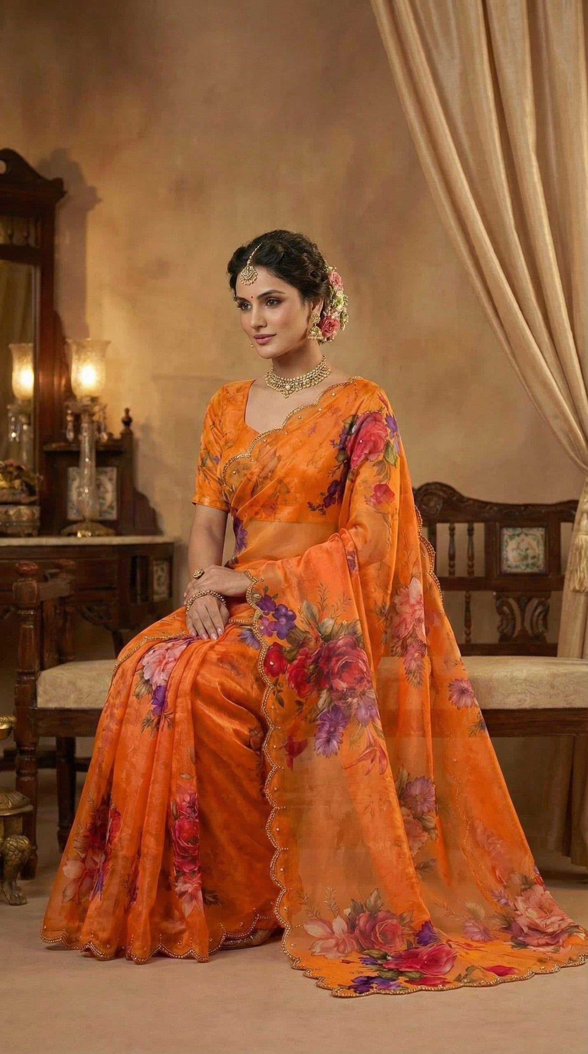 Georgette Printed Saree in Burnt Maroon