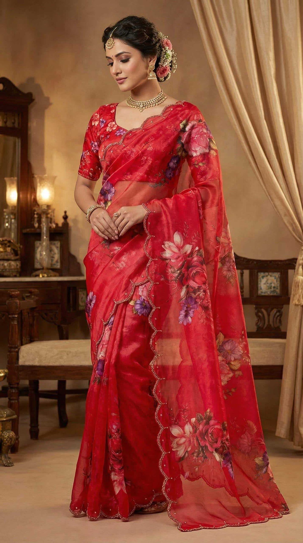 Georgette Printed Saree in Burnt Maroon