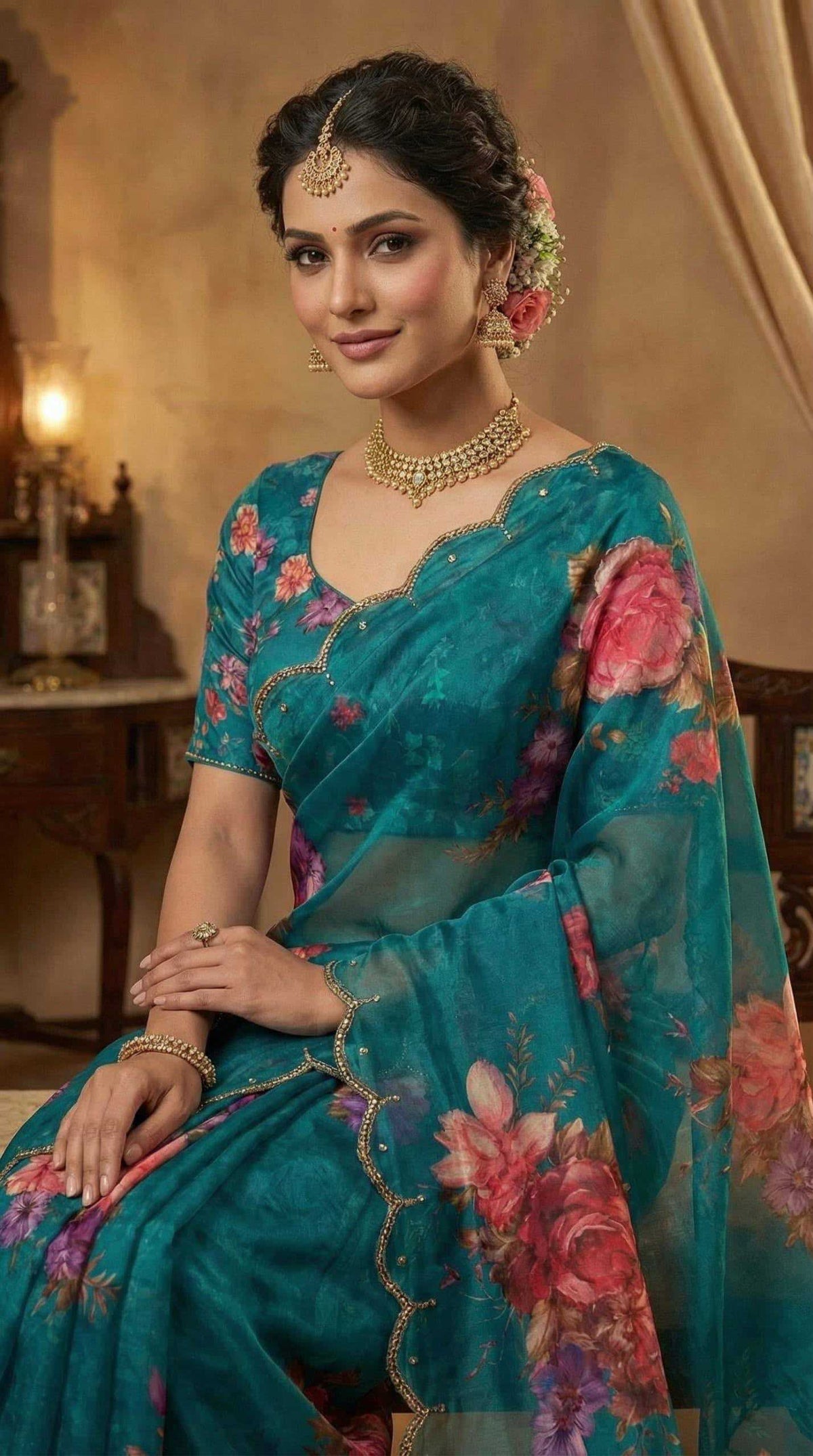 Georgette Printed Saree in Burnt Maroon