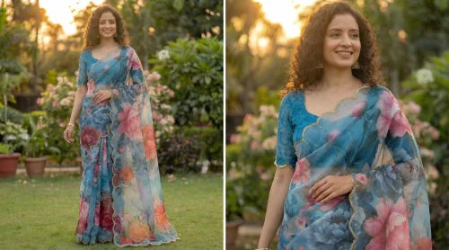 Georgette Printed Saree in Blue