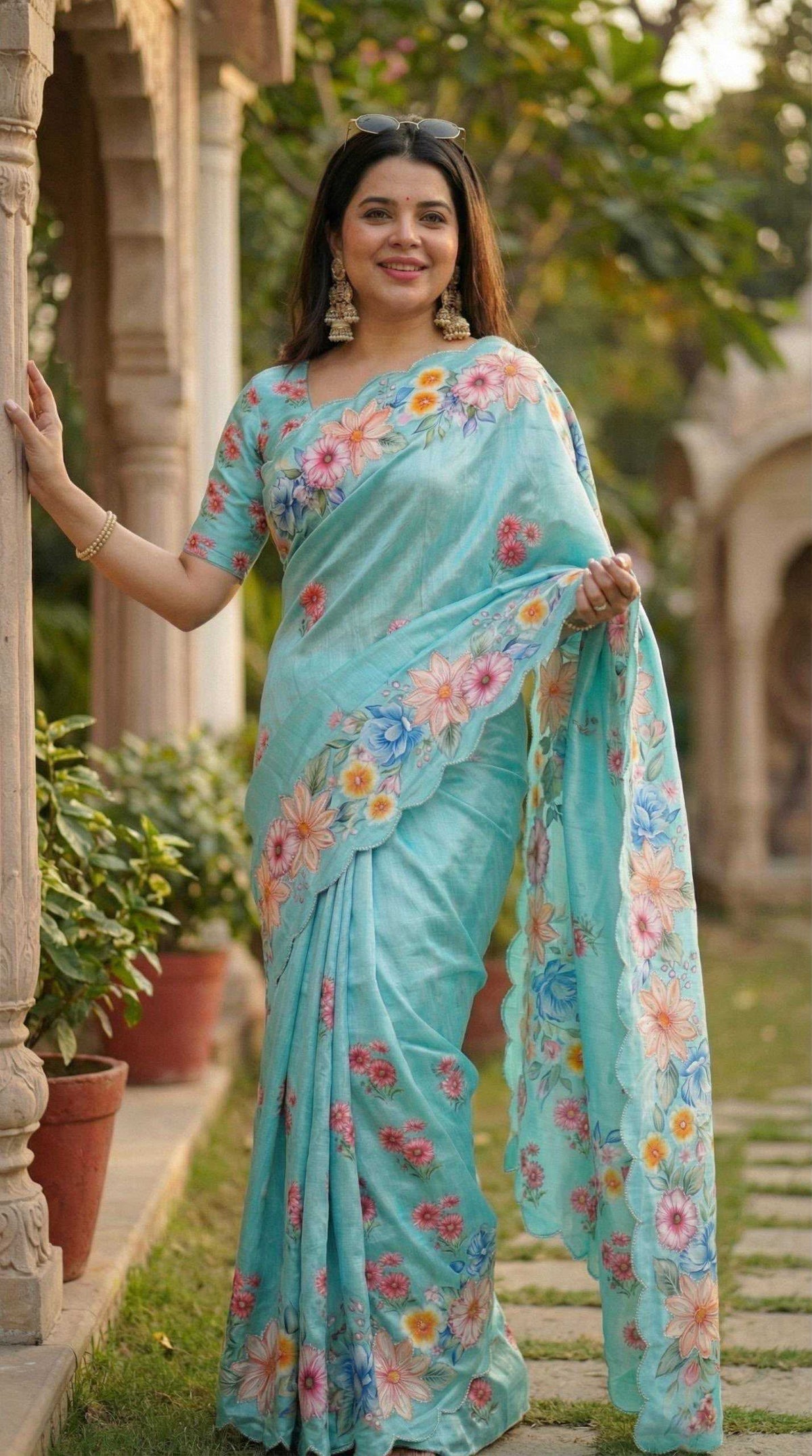 Chinon Silk Designer Saree in Sky Blue