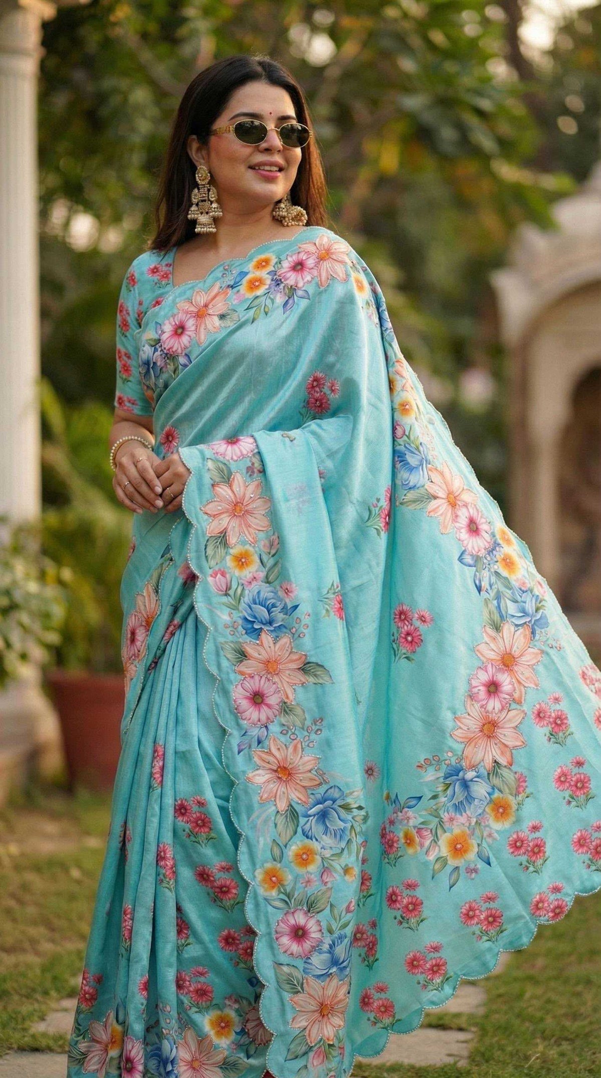 Chinon Silk Designer Saree in Sky Blue