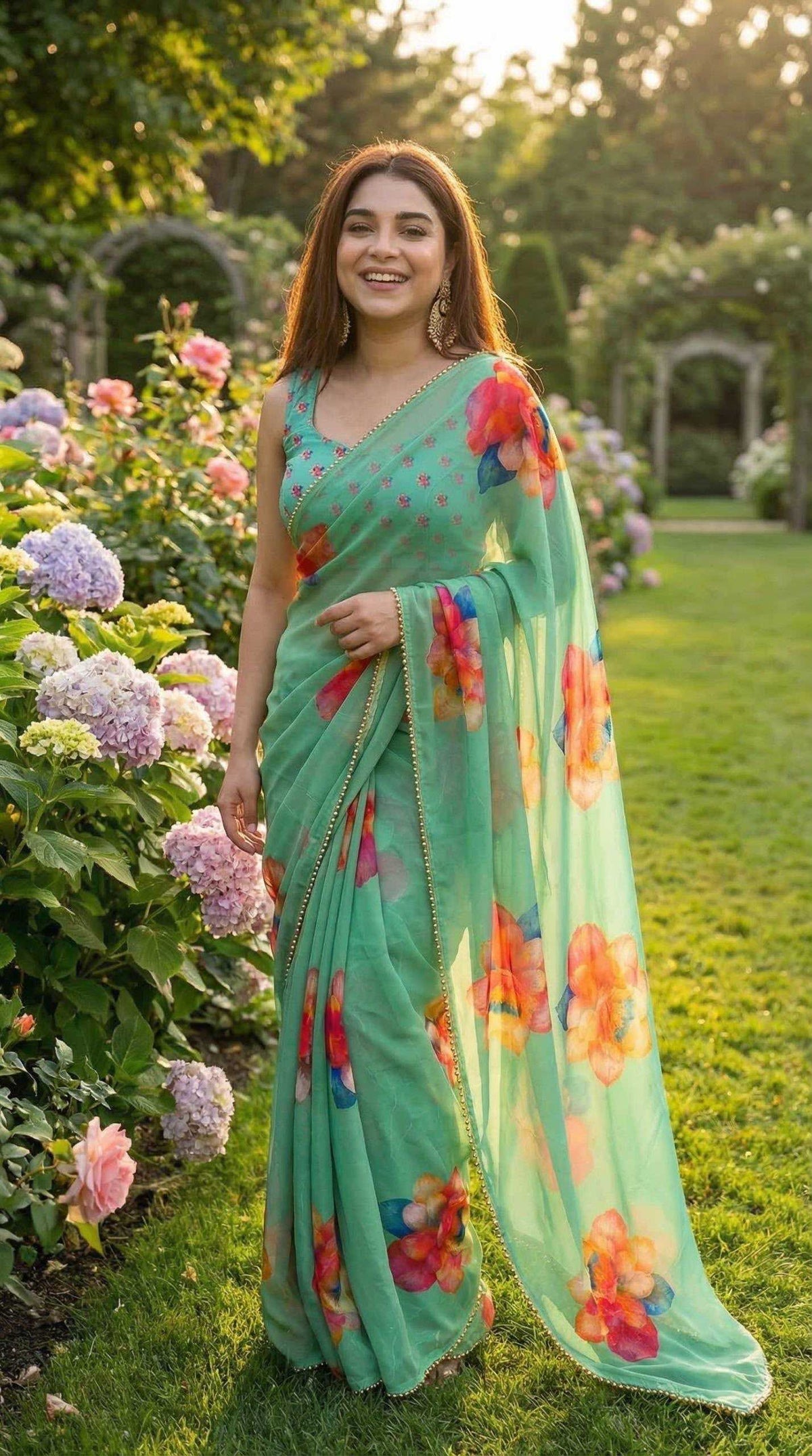 Georgette Printed Saree in White