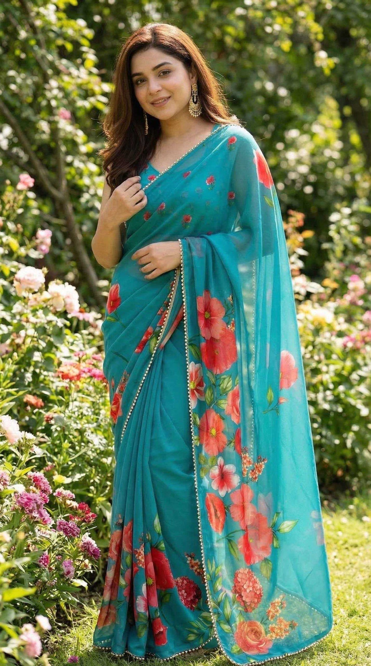 Georgette Printed Saree in White