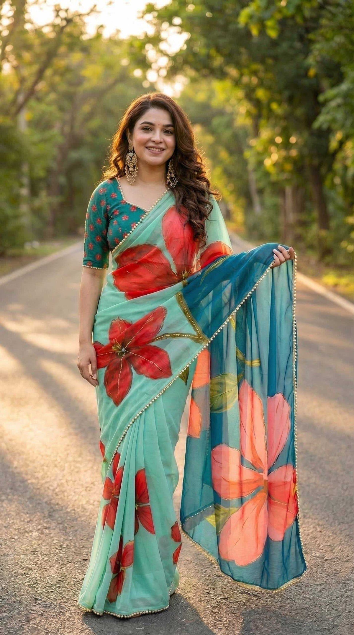 Georgette Printed Saree in Sea Green