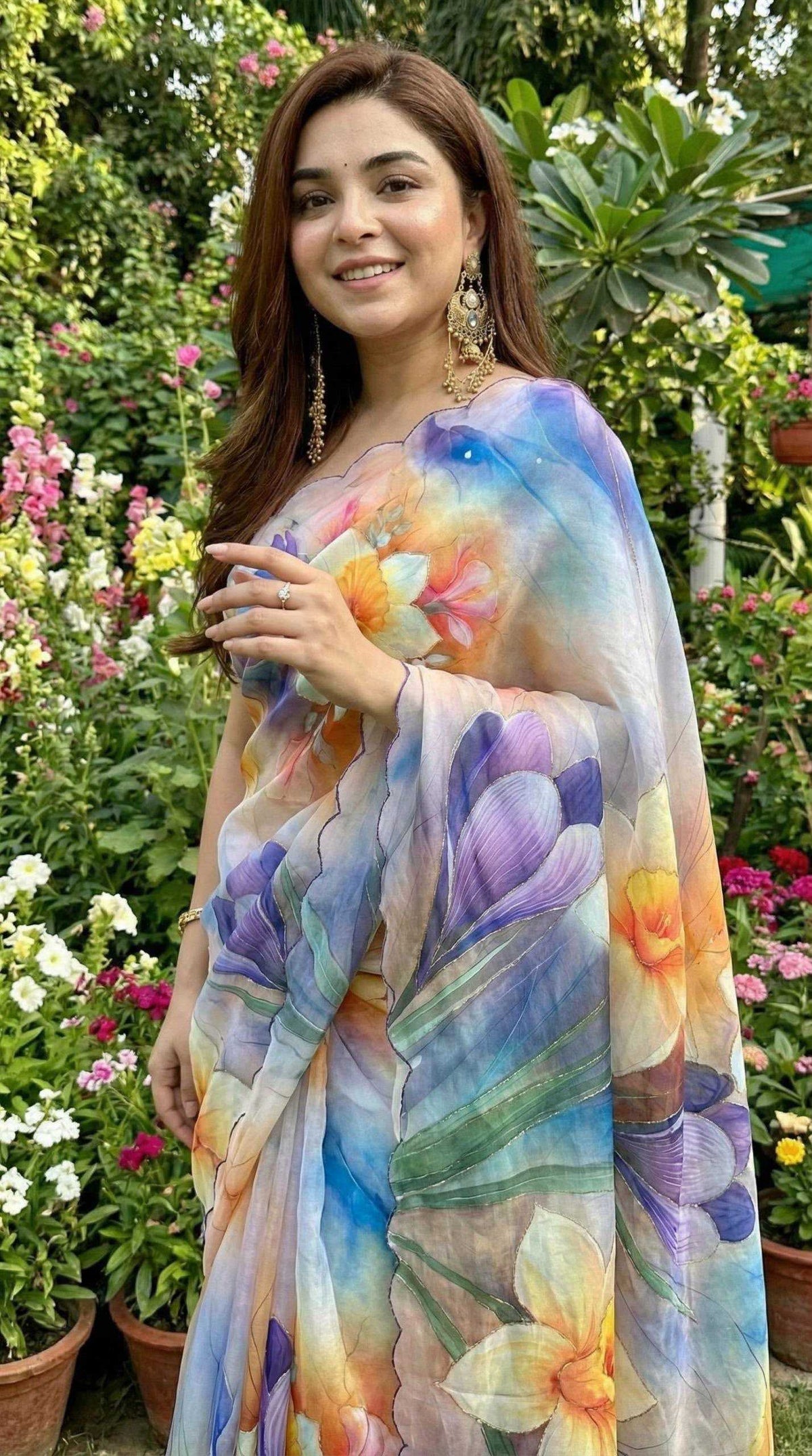 Georgette Printed Saree in Peach