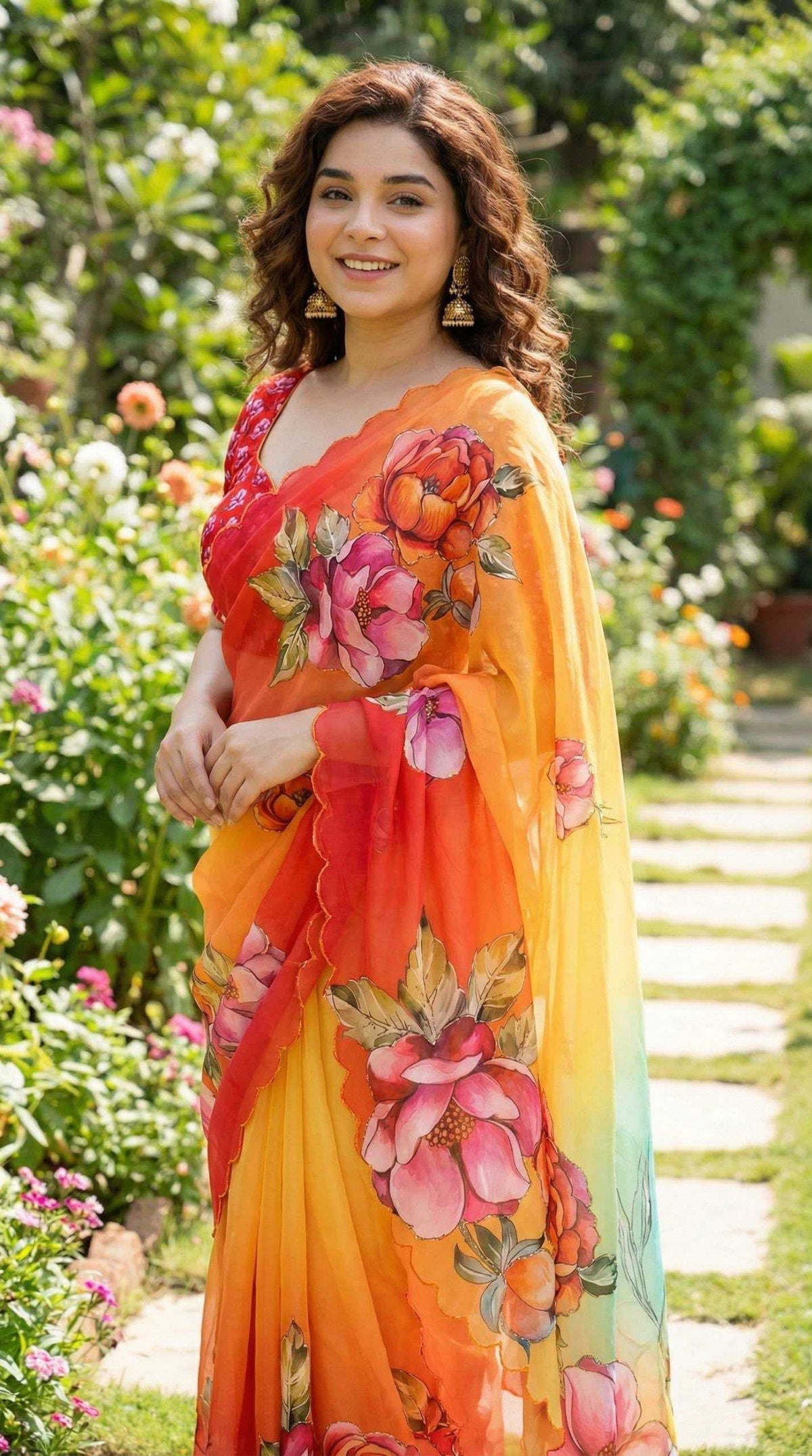 Georgette Printed Saree in Peach