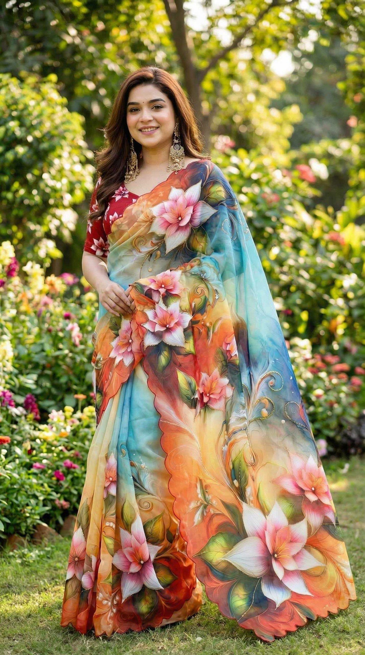 Georgette Printed Saree in Peach