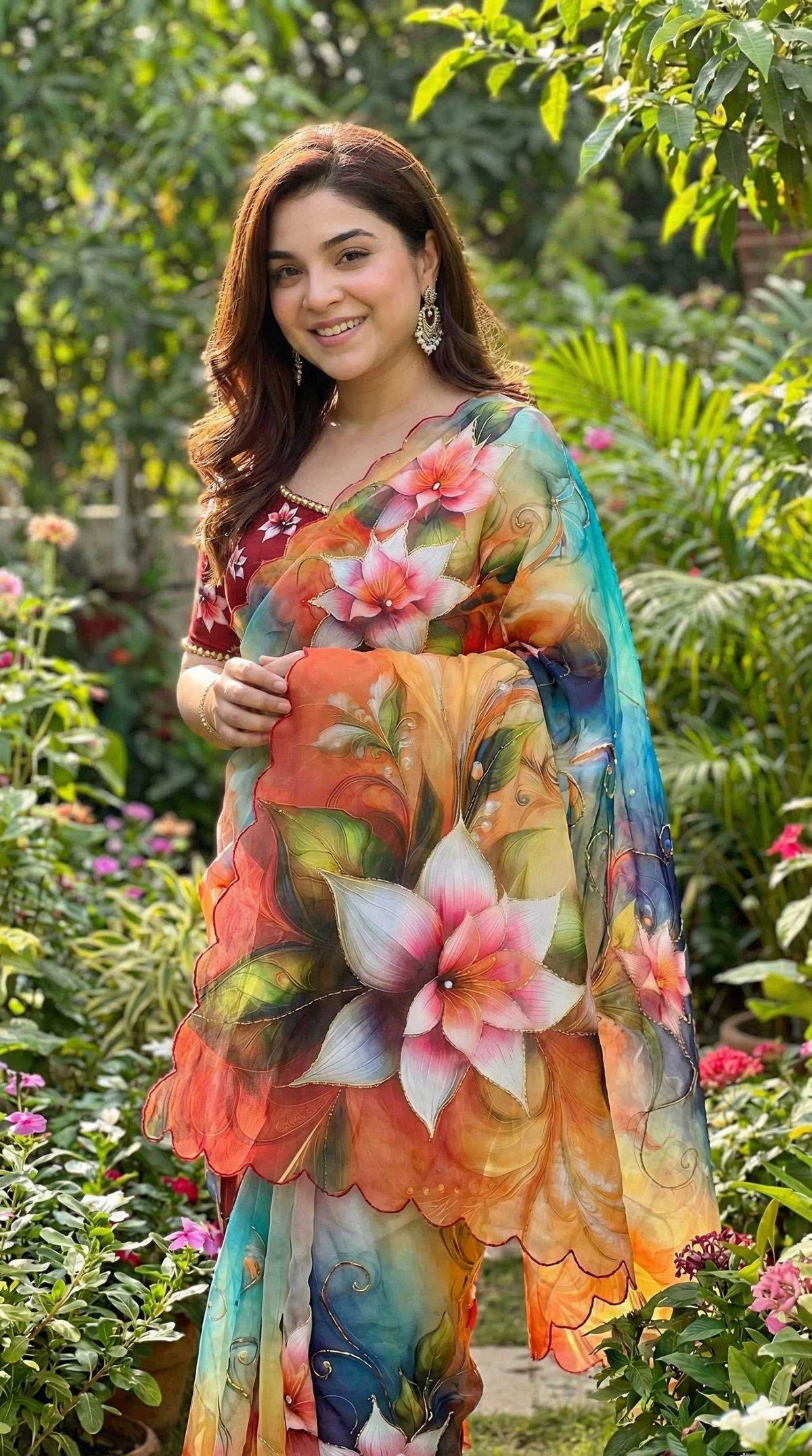 Georgette Printed Saree in Peach