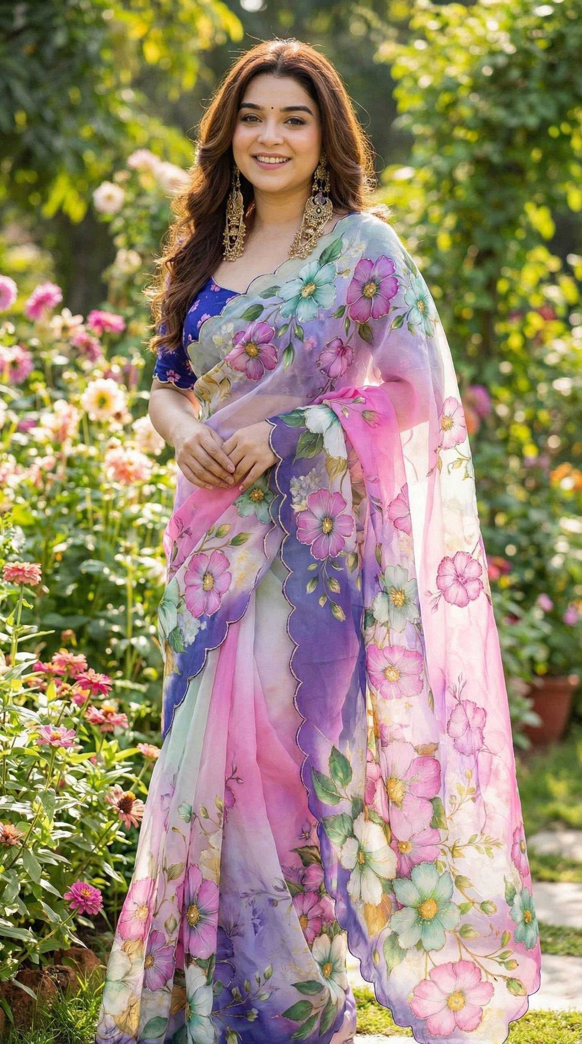 Georgette Printed Saree in Peach