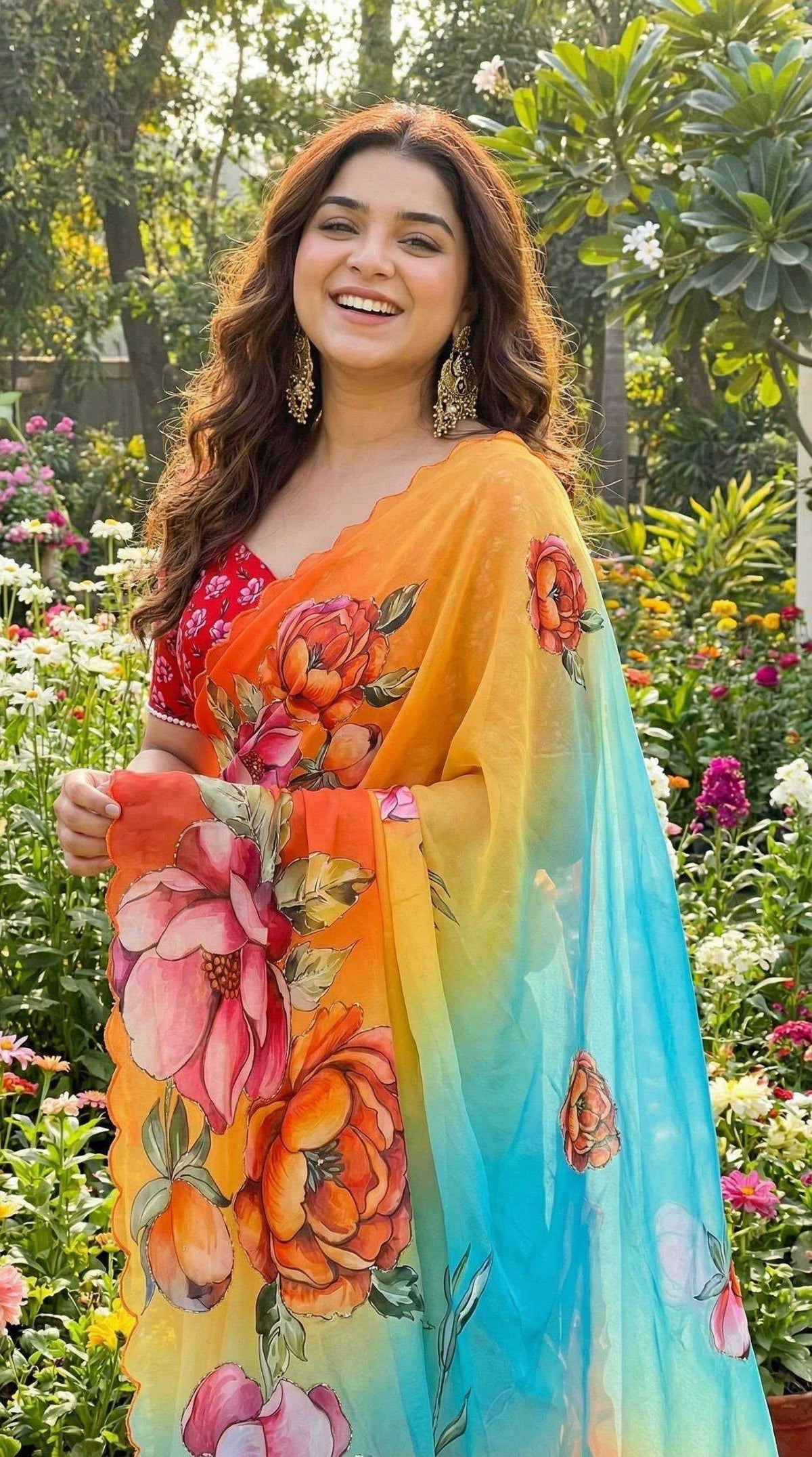 Georgette Printed Saree in Peach