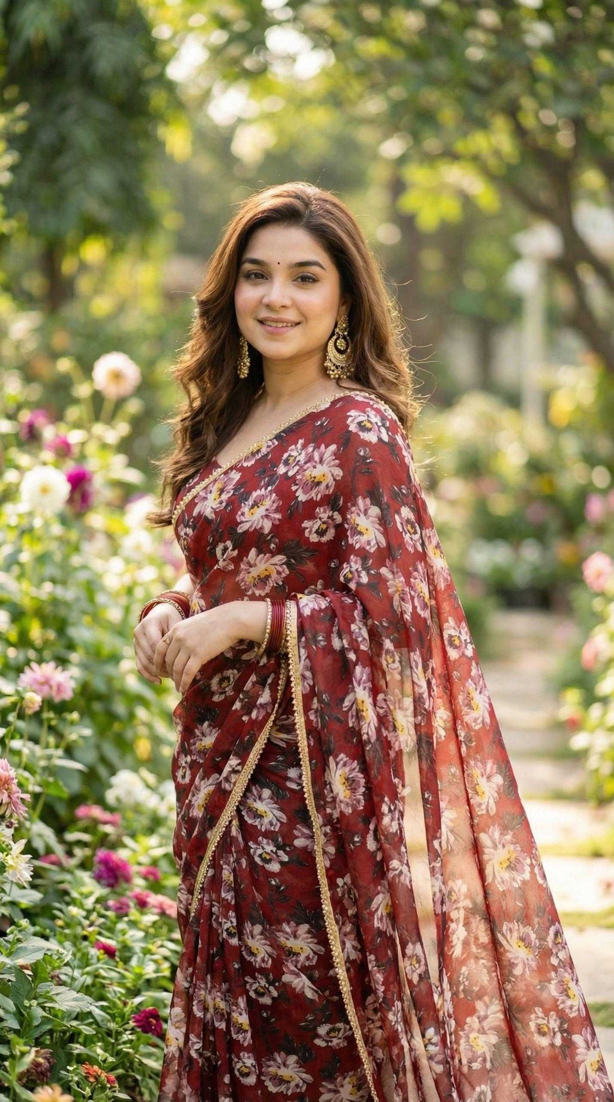 Georgette Printed Saree in Black Currant