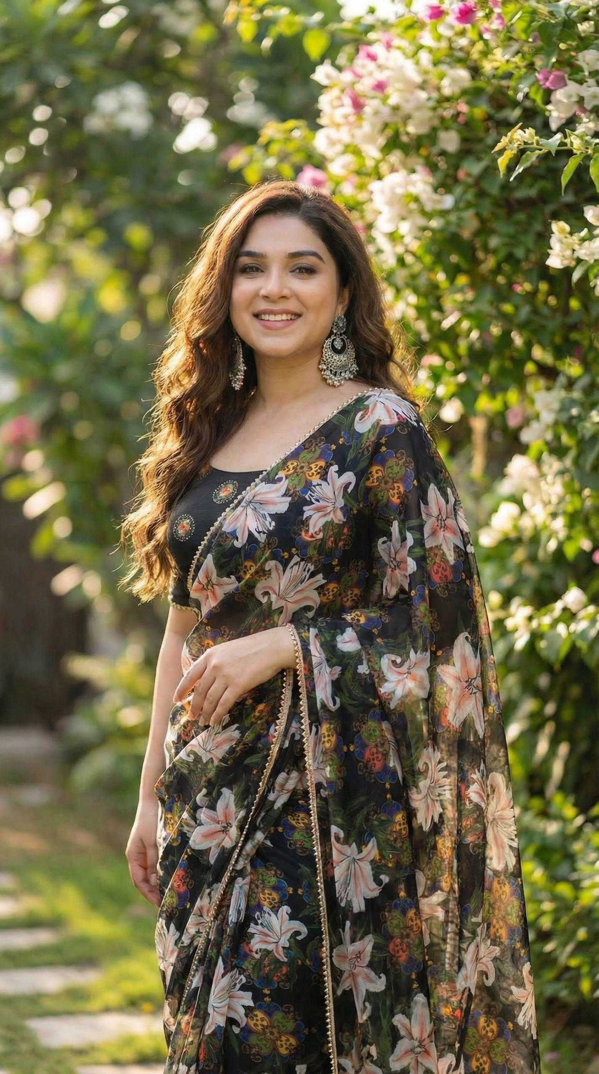 Georgette Printed Saree in Black Currant