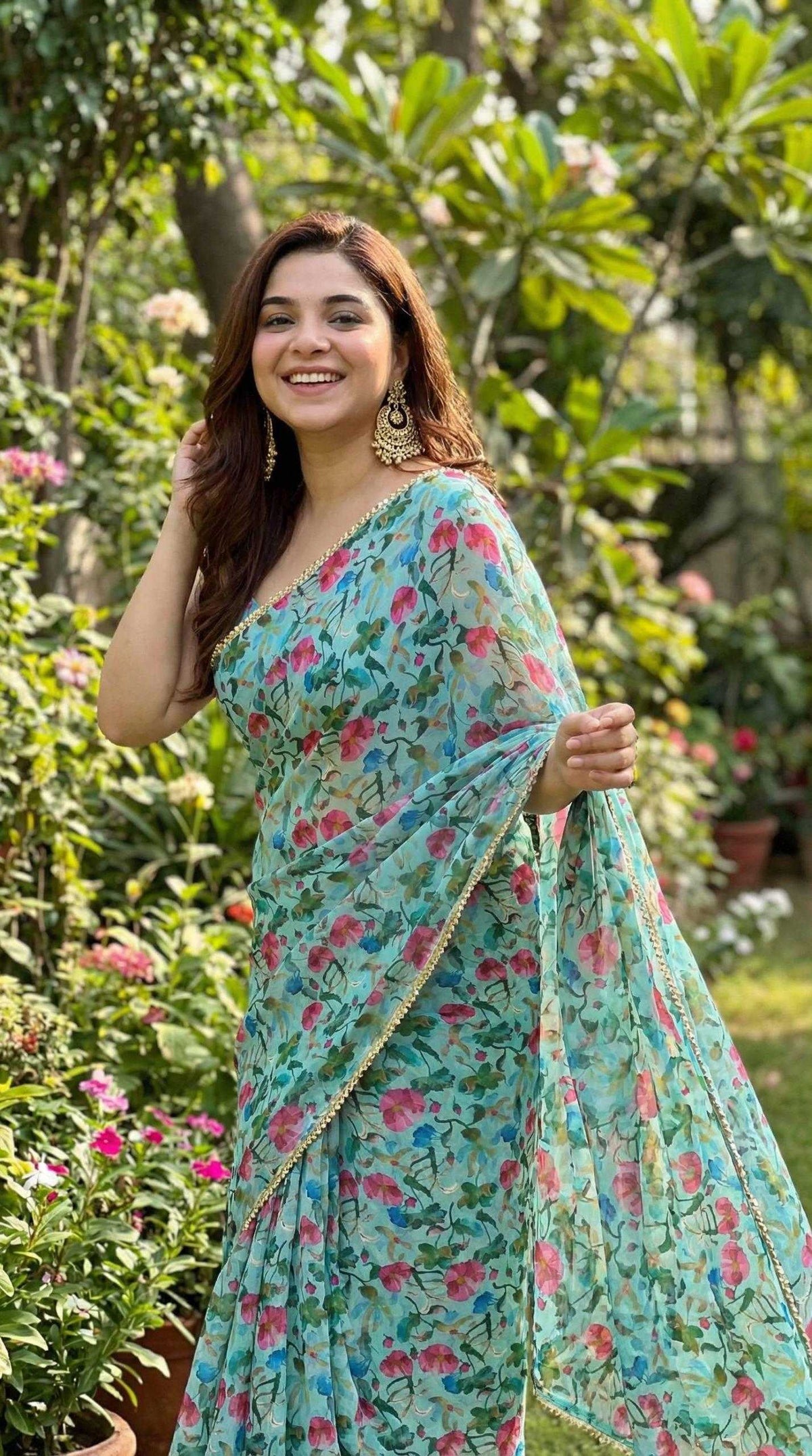 Georgette Printed Saree in Black Currant