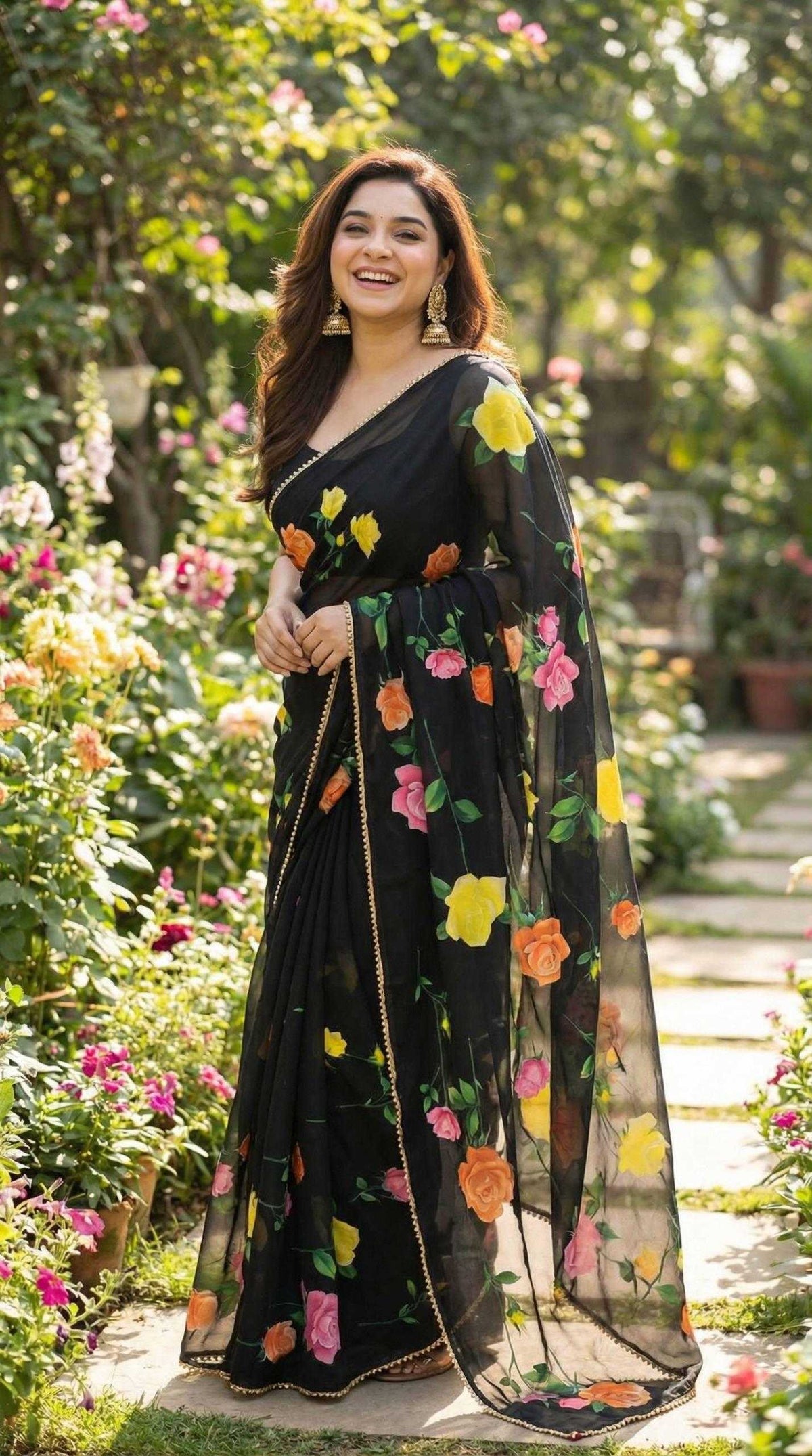 Georgette Printed Saree in Black Currant