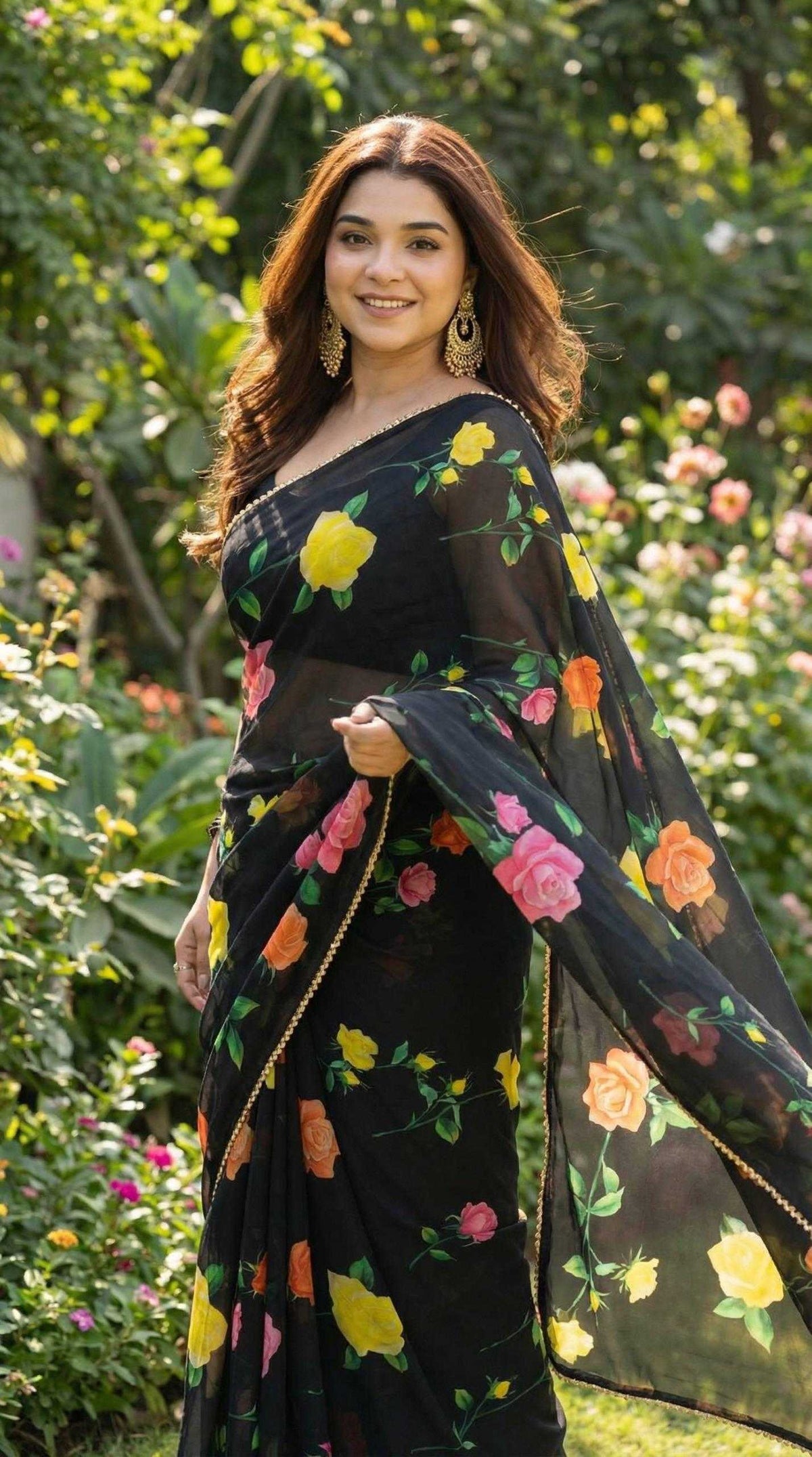 Georgette Printed Saree in Black Currant