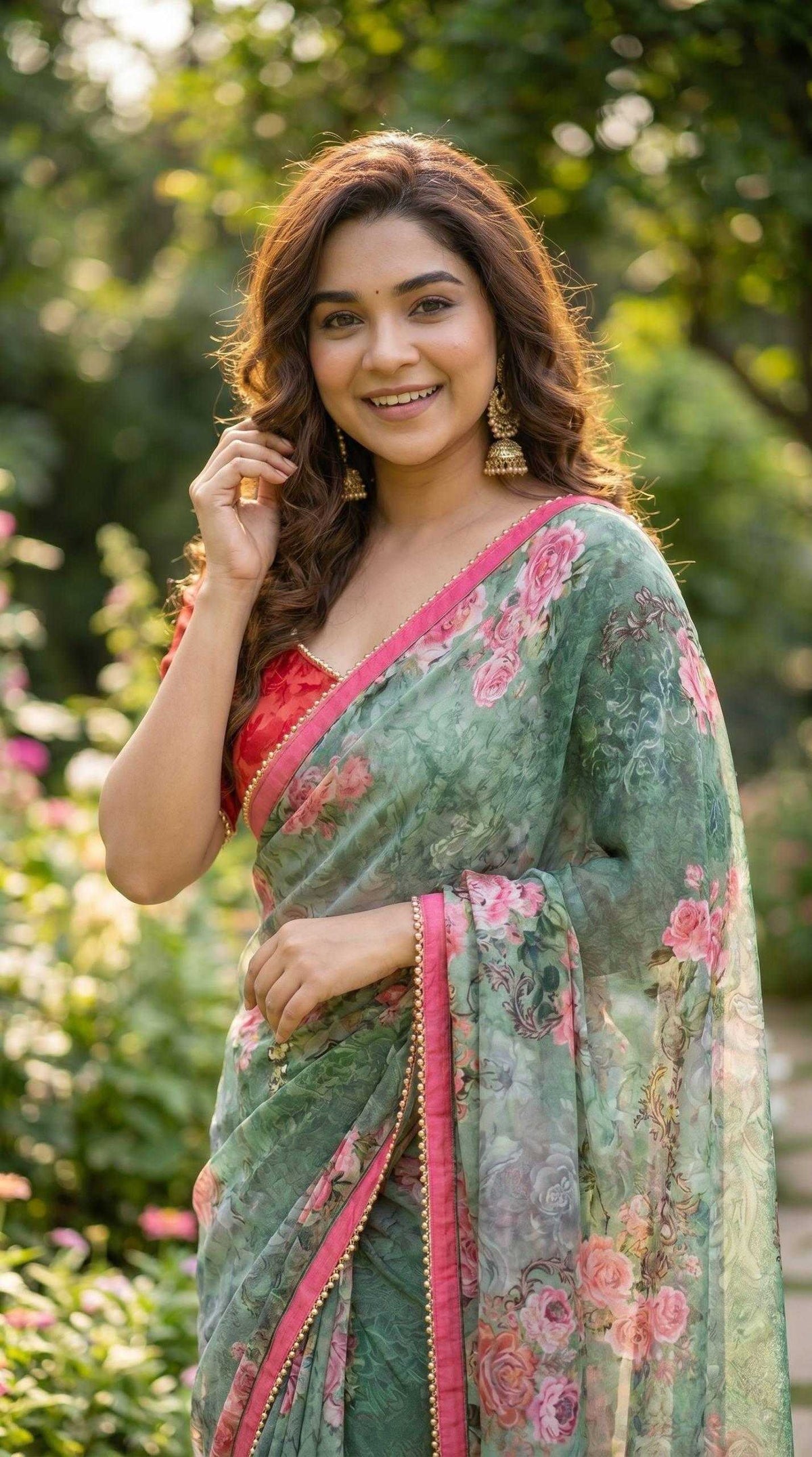 Georgette Printed Saree in Bottle Green
