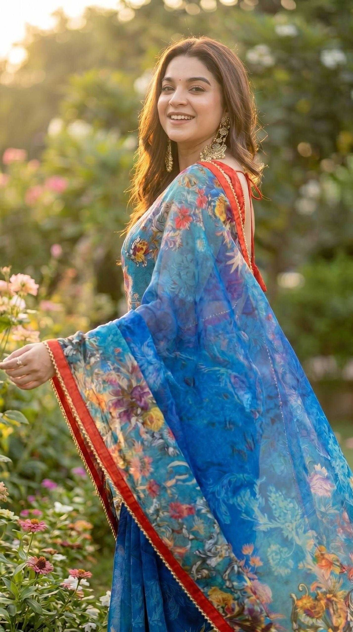 Georgette Printed Saree in Bottle Green