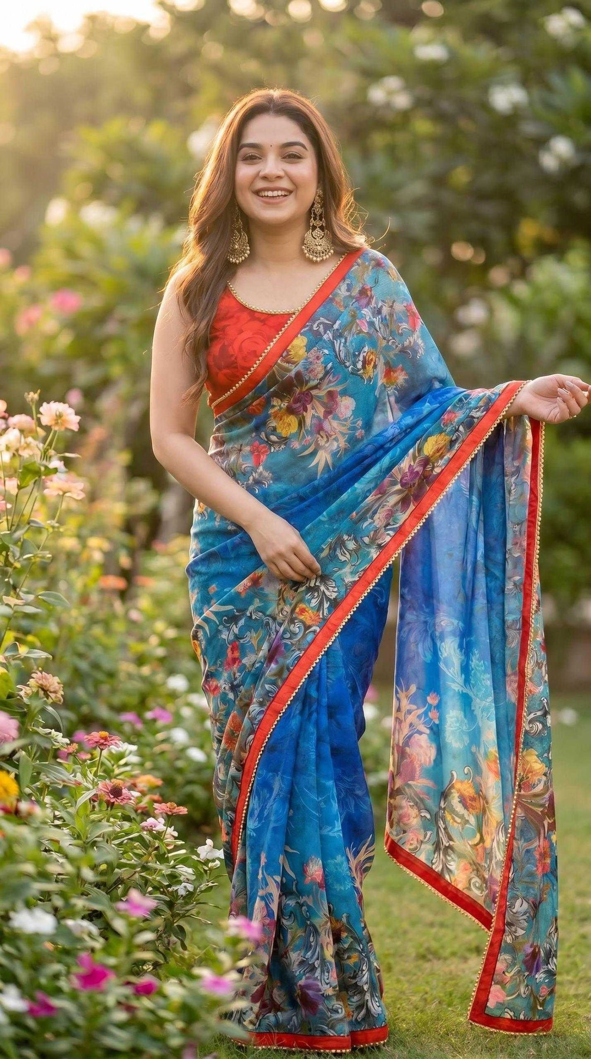Georgette Printed Saree in Bottle Green