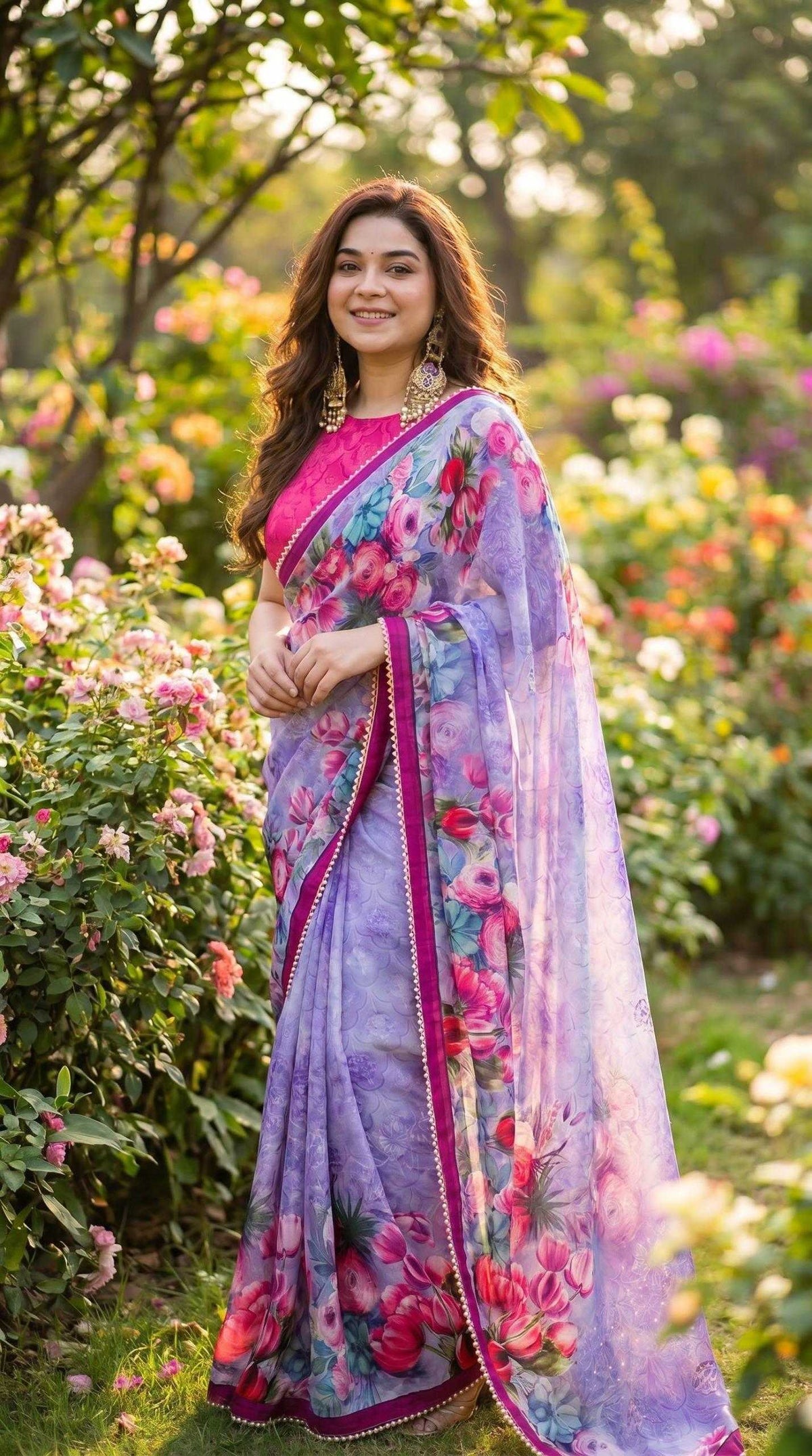 Georgette Printed Saree in Bottle Green
