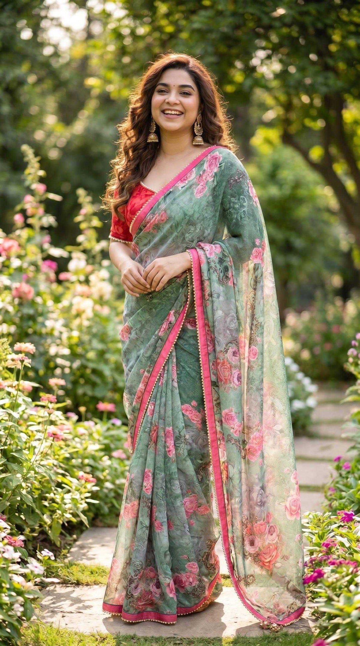Georgette Printed Saree in Bottle Green