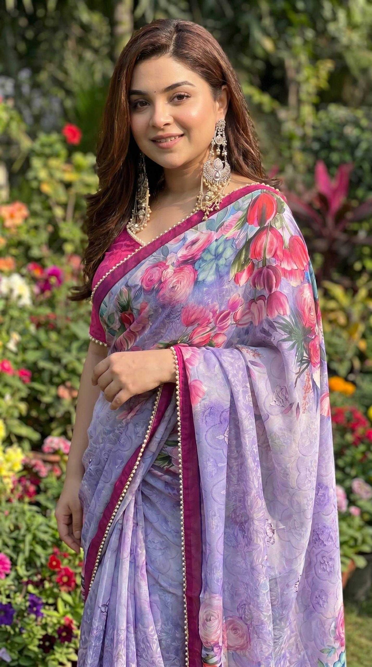 Georgette Printed Saree in Bottle Green