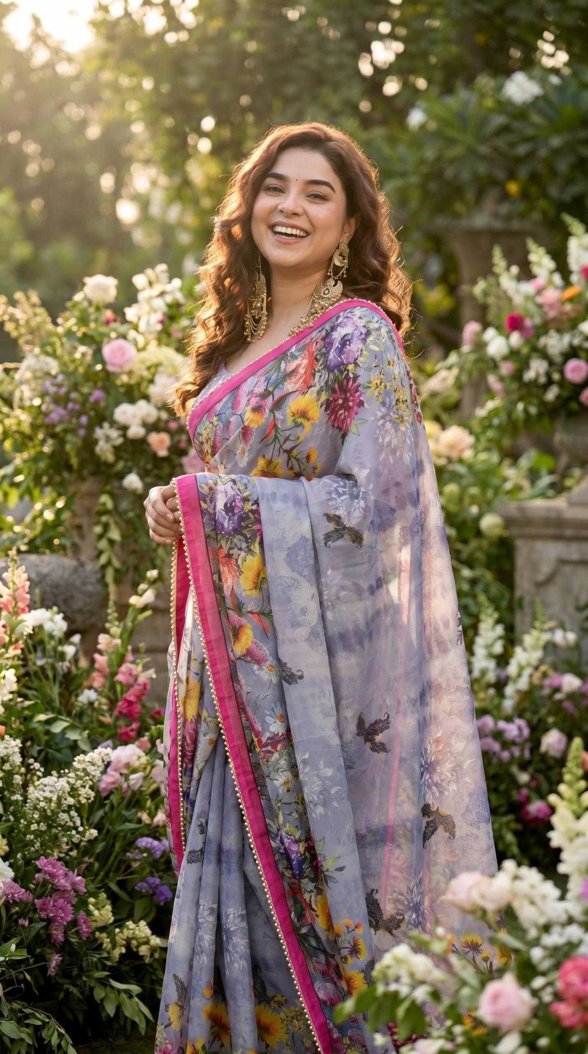 Georgette Printed Saree in Bottle Green
