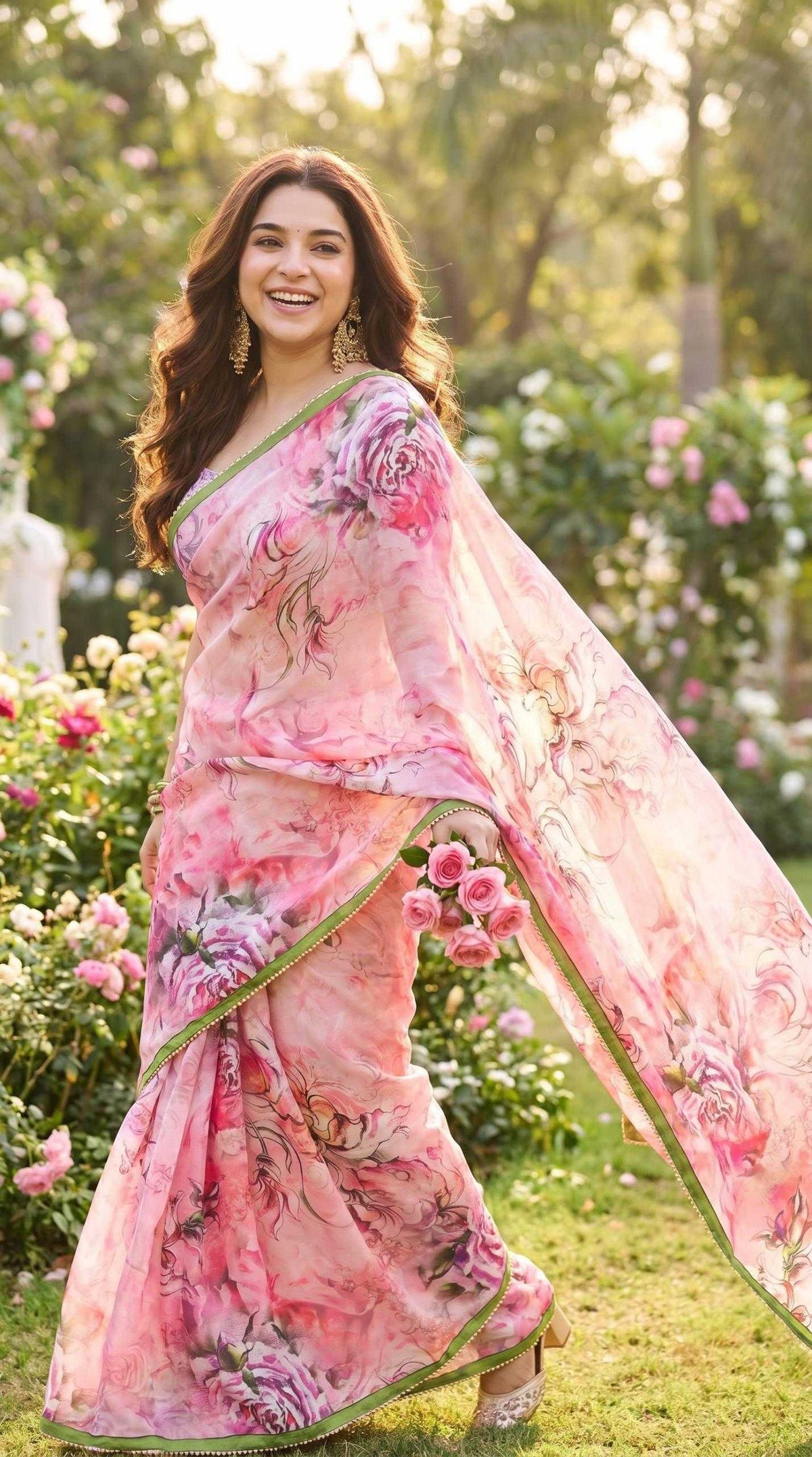 Georgette Printed Saree in Bottle Green