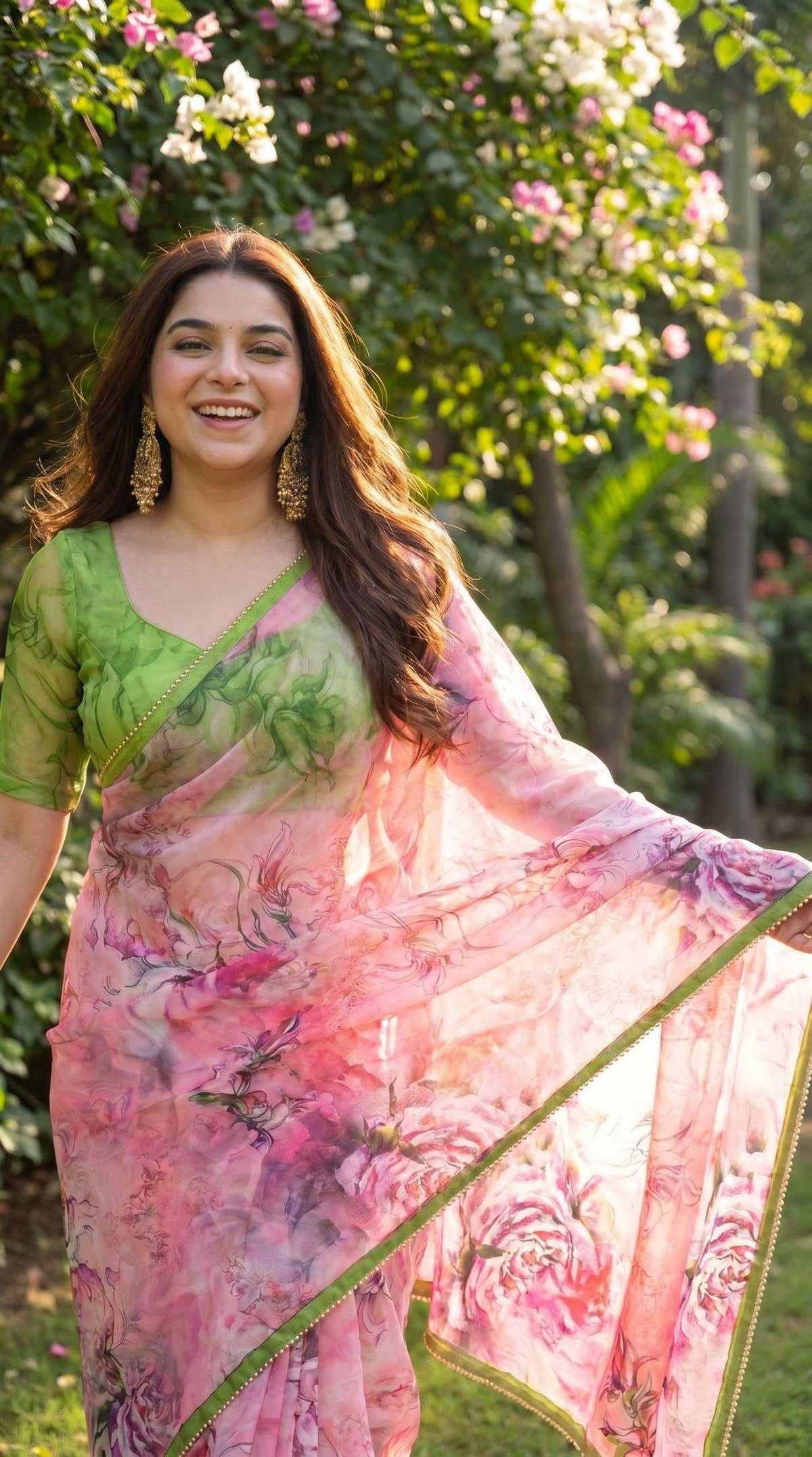 Georgette Printed Saree in Bottle Green