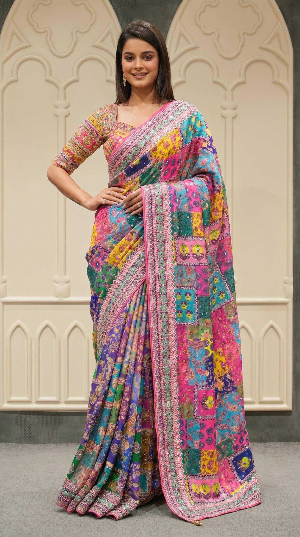 Chinon Silk Printed Saree in Pink