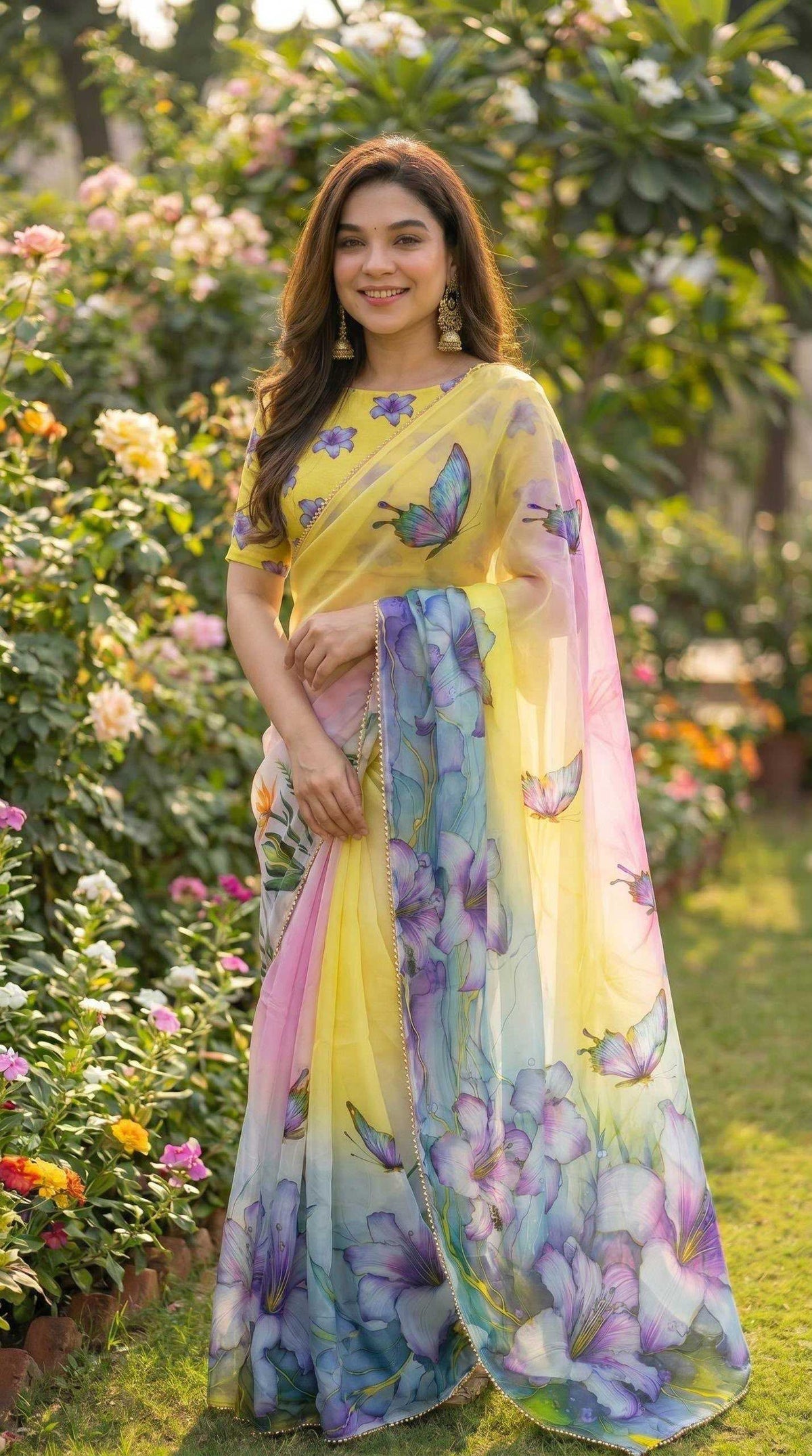 Georgette Printed Saree in Light Yellow