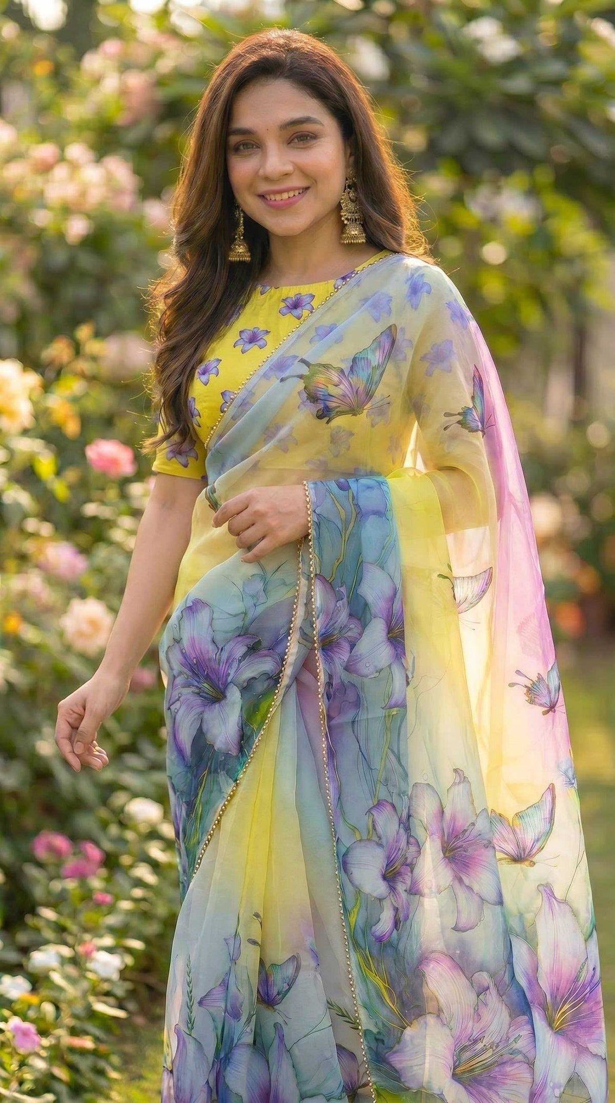 Georgette Printed Saree in Light Yellow